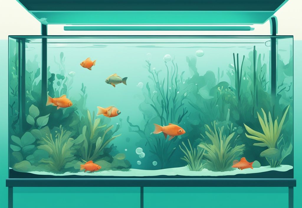 Modern digital painting of a fish tank demonstrating how to lower ammonia in fish tank with partial water replacement, ammonia removers, and live plants, in a teal color theme.