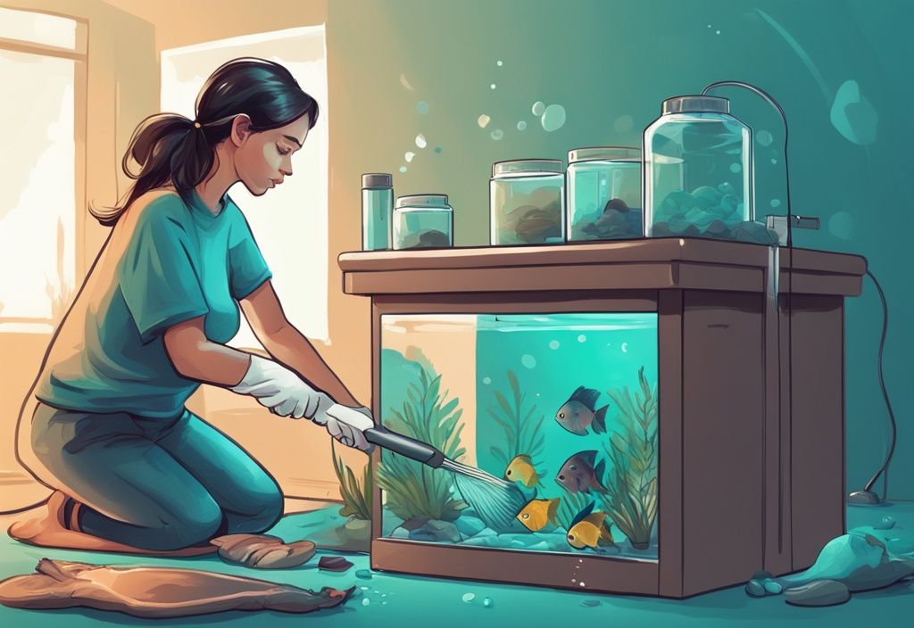 Digital illustration showing step-by-step fish tank cleaning process in teal theme, featuring tools and supplies, ending with a clean aquarium.