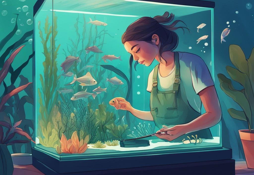 Modern digital painting of hands arranging aquatic plants in a teal-themed, vibrant fish tank with aquarium tools.