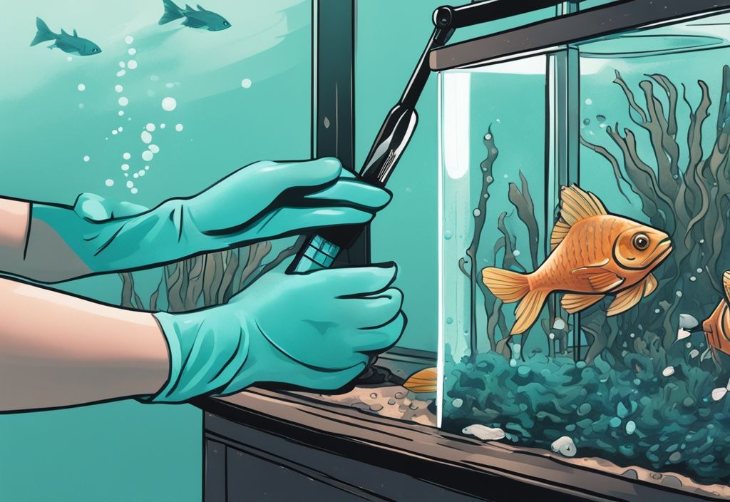 Modern digital painting of hands in latex gloves scrubbing black algae off a fish tank with a brush, illustrating how to get rid of black algae in fish tank, featuring stressed fish and a teal color theme.