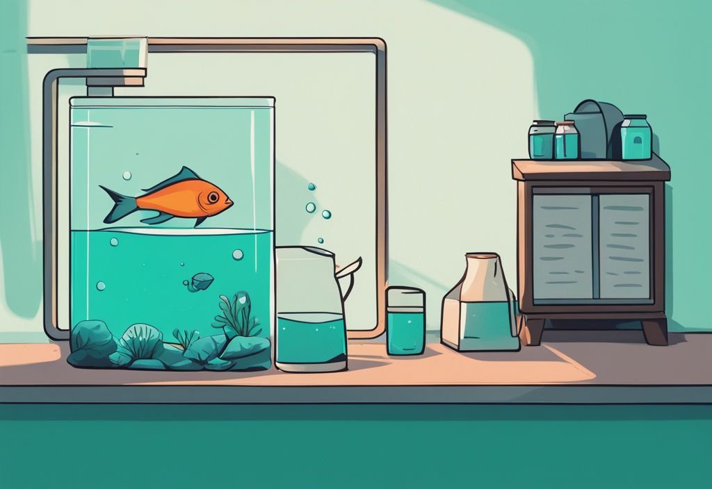 Modern digital painting of a fish tank with teal theme, featuring a gallon jug beside it to illustrate capacity measurement, answering the question of how many gallons is my fish tank.