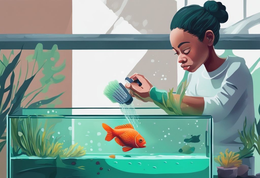 Beginner fish-owner using a scrubber to remove algae from a fish tank, with cleaning tools nearby; learn how to clean a fish tank for beginners.