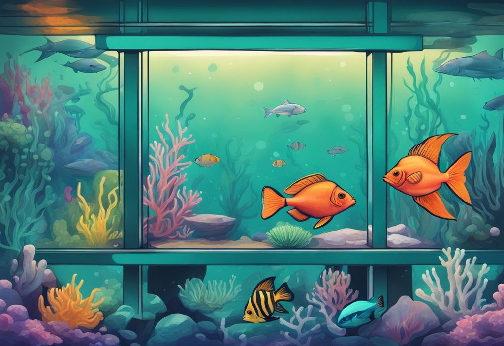 Modern digital painting of a beginner's saltwater aquarium with teal theme, featuring colorful lighting and beginner-friendly saltwater fish.