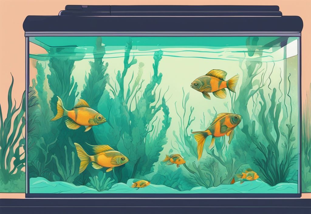 Modern digital painting of a teal-themed fish tank with exotic fish and green-tinted water from algae bloom.