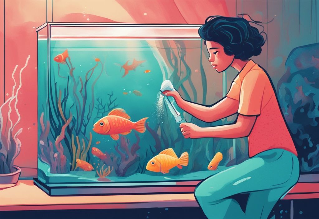 Illustration of a person demonstrating how to clean a fish tank without removing the fish, using a sponge and tube, surrounded by swimming colorful fish, with a modern teal color theme.