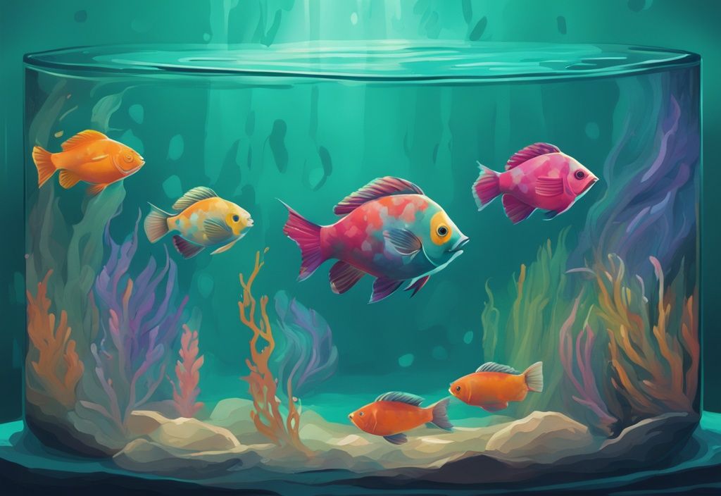 Modern digital painting of a 5 gallon tank with colorful fish swimming, highlighting how many fish in a 5 gallon tank, set against a teal theme with visible tank accessories.