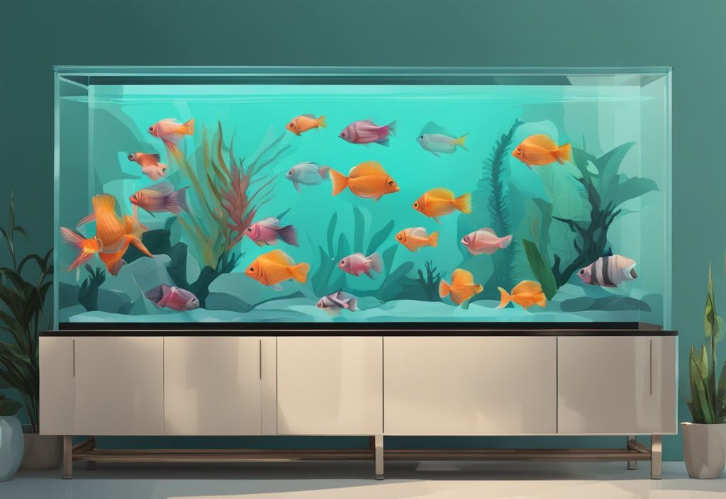 Modern digital painting of a transparent 20 gallon tank filled with colorful tropical fish, illustrating how many fish in a 20 gallon tank with numbers beside each species for recommended quantity, main color theme teal.