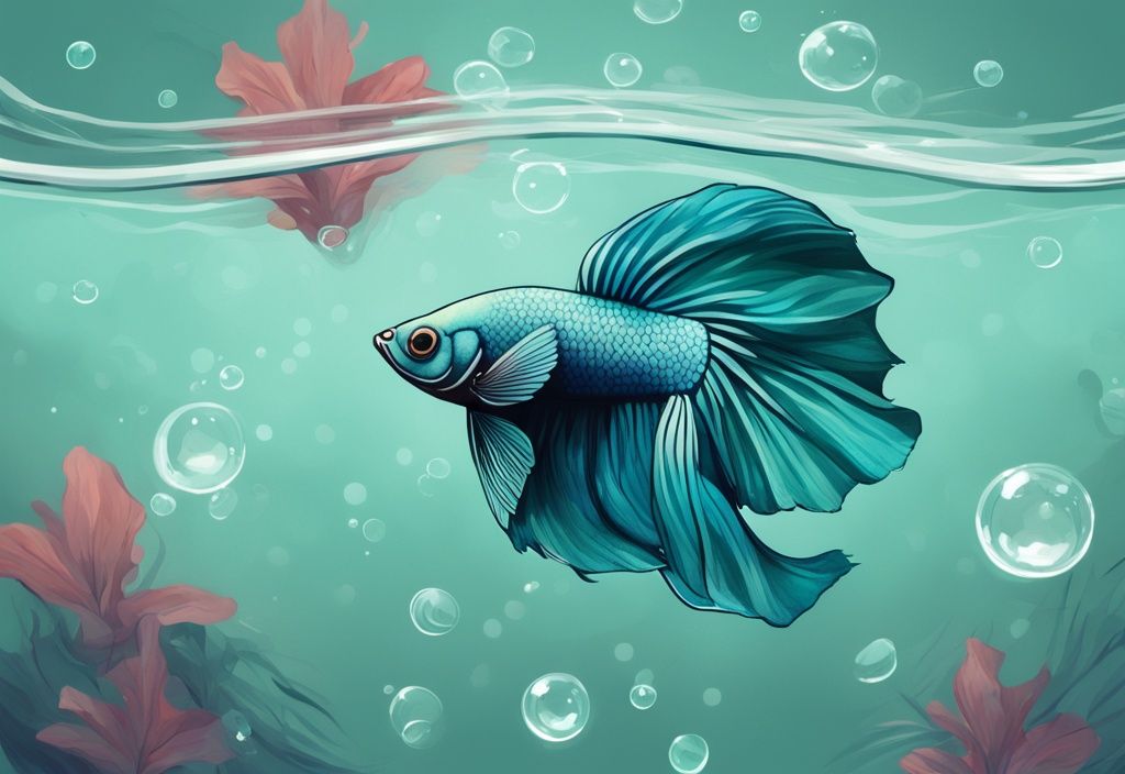 Modern digital painting of a teal-themed betta fish swimming near the surface of a tank with bubbles, illustrating "why is my betta fish staying at the top of the tank" alongside floating fish food at the bottom.