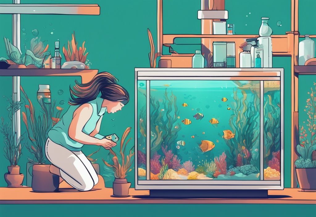 Modern digital painting of a fish tank with person adding alkalinity-lowering conditioners, surrounded by fish care products, in a teal color theme.