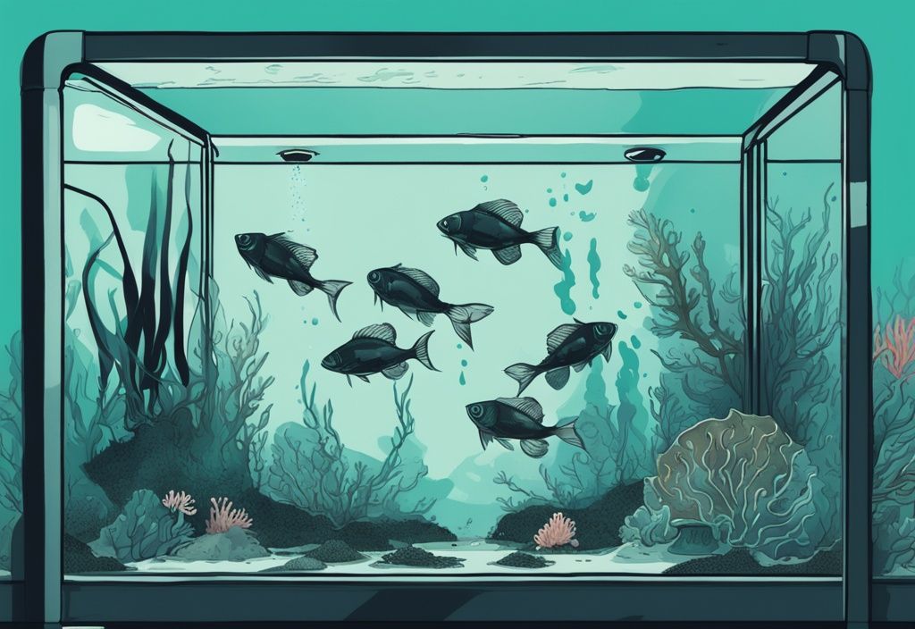 Modern digital painting of hands in latex gloves scrubbing black algae off a fish tank with a specialized brush, demonstrating how to get rid of black algae in fish tank; features teal color theme, clear water, and stressed fish.