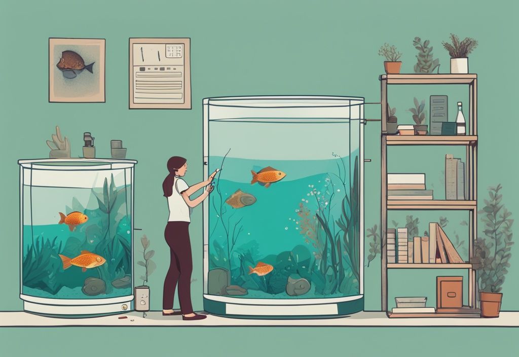 Modern digital painting of a person measuring a fish tank with teal theme, featuring a calculator and gallon conversion chart.