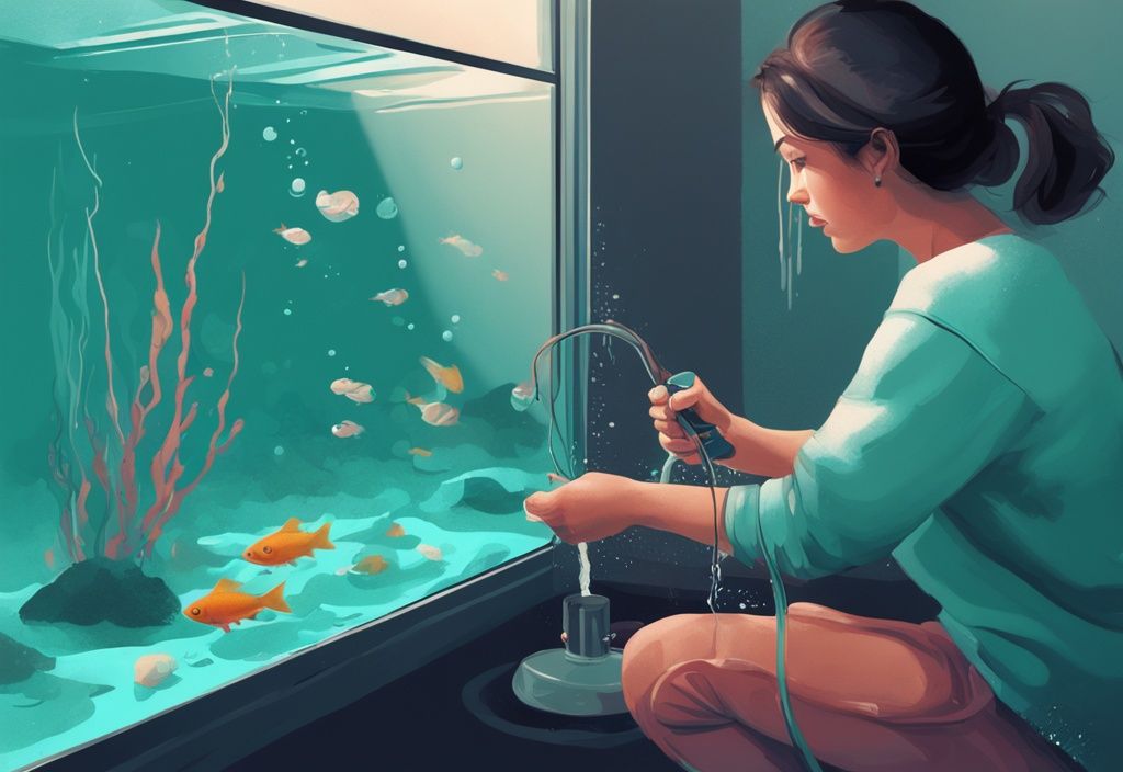 Modern digital painting of a beginner cleaning a fish tank with teal theme, using siphoning tools.