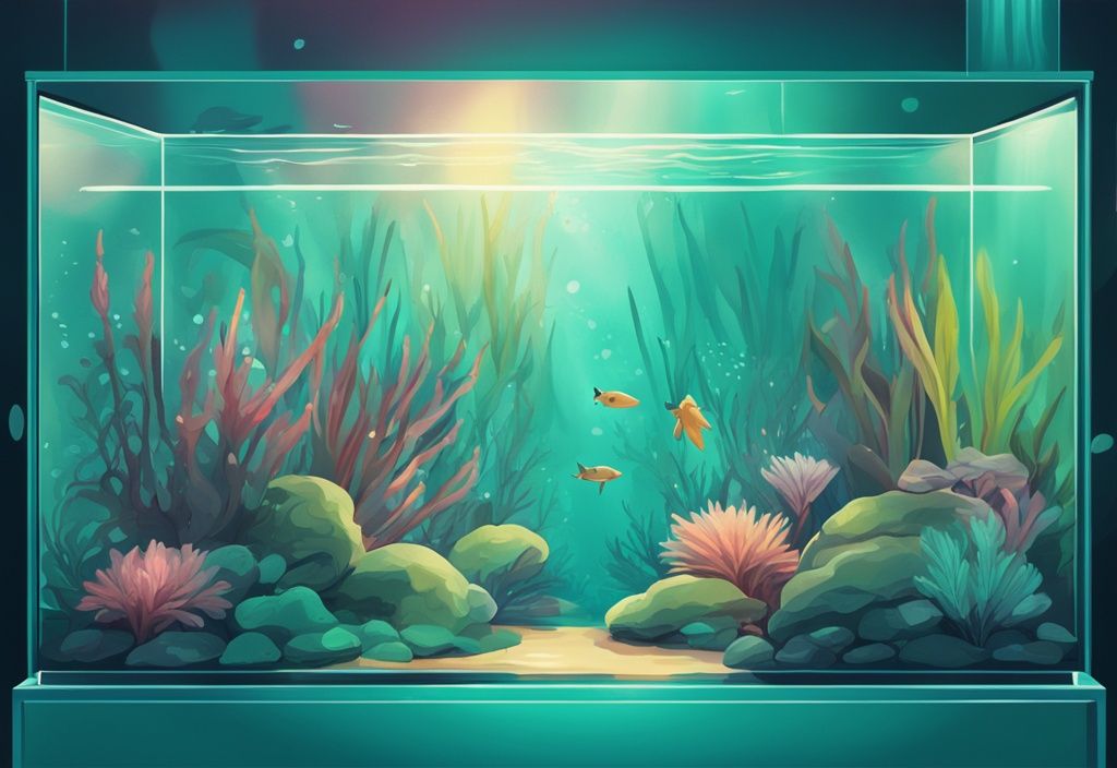 Modern digital painting of vibrant aquatic plants in a teal-themed fish tank, showcasing the best plants for fish tanks in a lush underwater landscape.