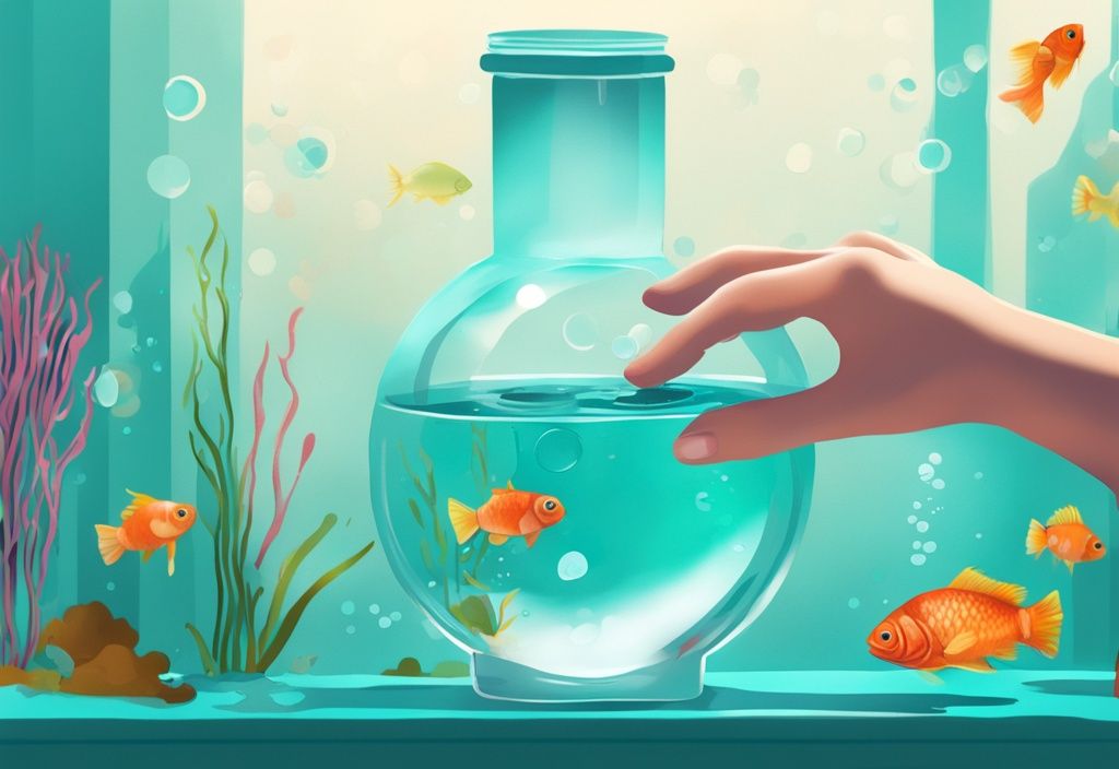 Modern digital painting illustration showing how to lower alkalinity in a fish tank with a hand pouring treatment solution into a vibrant tank with healthy, colorful fishes.