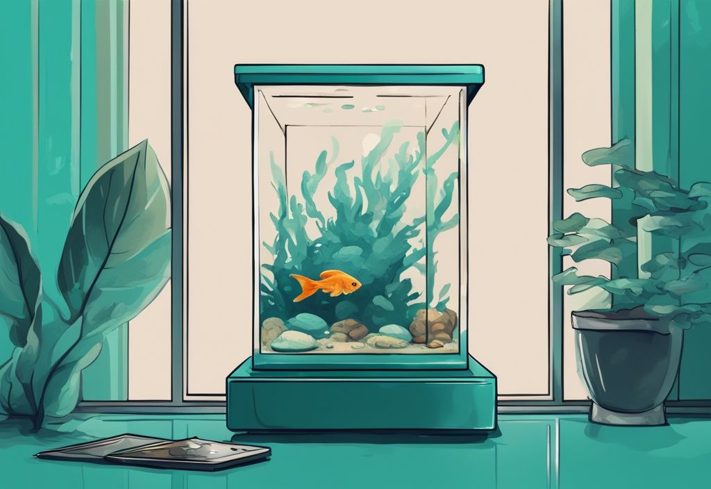 Modern digital painting of a teal-themed fish tank on a scale, illustrating how much does a fish tank weigh on the digital display.