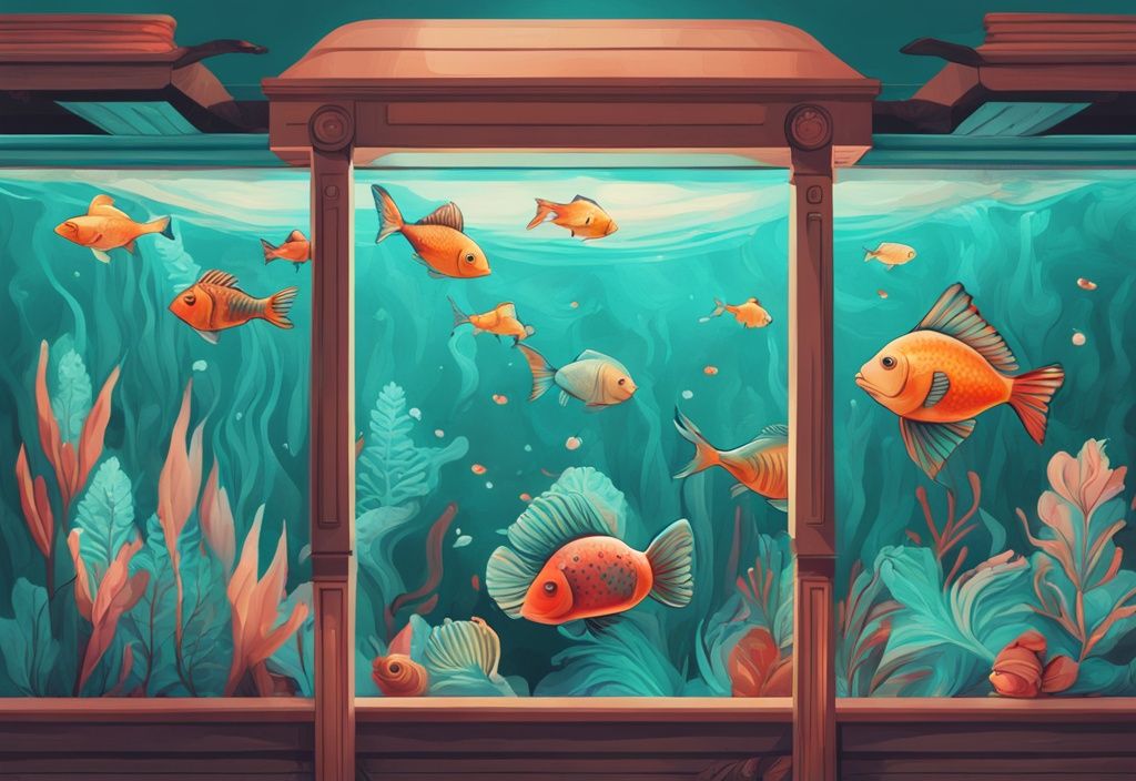 Modern digital painting of vibrantly colored fishes in a detailed teal-themed aquarium.