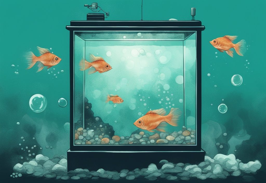 Modern digital painting of a cloudy fish tank with teal theme, featuring bubbles, floating debris, and distressed fish, illustrating the question: why is my fish tank cloudy.