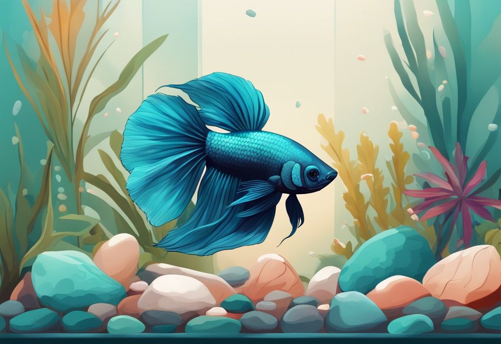 Modern digital painting of a betta fish staying at the bottom of a tank with teal-themed decor, colorful pebbles, and aquatic plants, illustrating why is my betta fish staying at the bottom of the tank.