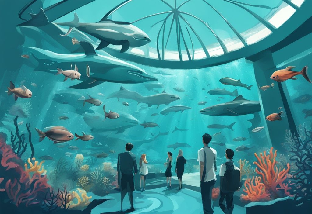 Underwater scene at Georgia Aquarium with diverse marine life in a modern teal-themed digital painting illustration.