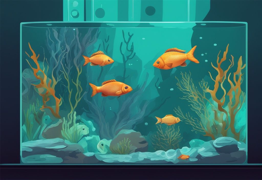 Modern digital painting of a fish tank with diverse fish species and a visible thermometer, featuring a teal color theme.