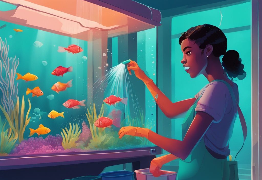 Person demonstrating how to clean a fish tank using a scrubber, fishnet, and bucket, with fish temporarily housed in a separate container, in a modern teal-themed digital painting.