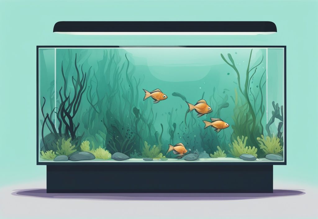 Modern digital painting of fish tank algae removal process in teal theme, showing stages from overgrown black algae to clean, algae-free condition.