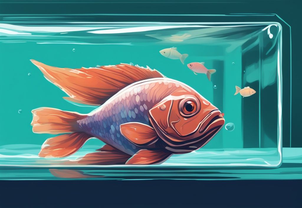 Modern digital painting of a fish in a clear water bag with teal theme, aquarium in background