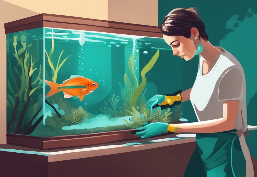 Illustration of a beginner fish-owner cleaning a fish tank, demonstrating how to clean a fish tank for beginners, with teal color theme and cleaning tools nearby.