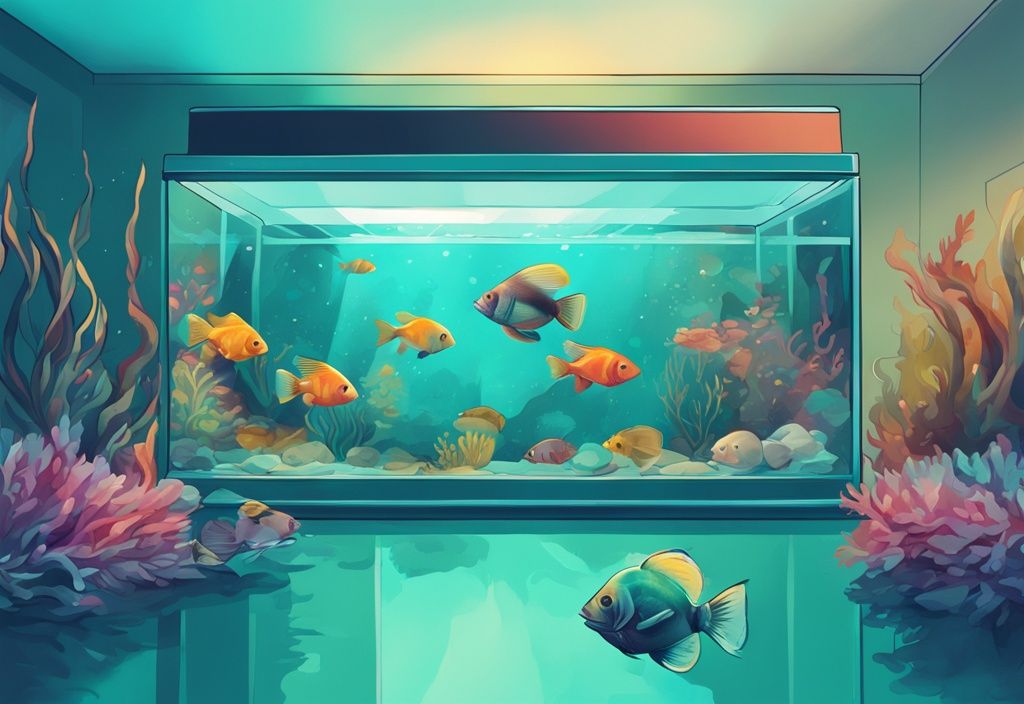 Modern digital painting of a vibrant fish tank with various colorful aquarium fish, illustrating the theme "how many fish in a fish tank" with a teal color palette.