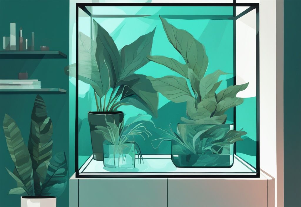 Modern digital painting of house plants in a teal-themed glass aquarium.