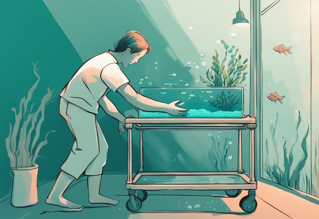 Modern digital painting of a person demonstrating how to move a fish tank, carefully lifting a small fish tank filled with water and fish from a table onto a sturdy moving cart, with a teal color theme.