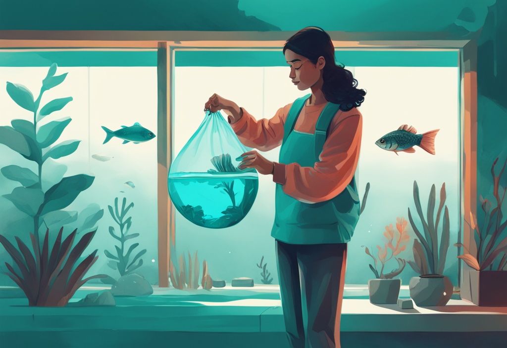 Modern digital painting of a person holding a clear, water-filled bag with a small fish, illustrating the concept of how long do fish stay in a bag before putting them in a tank, with a home fish tank in the background, featuring a teal color theme.