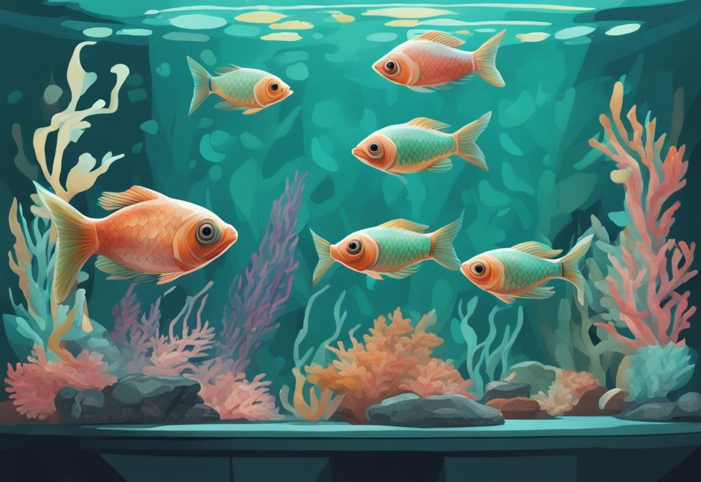 Modern digital painting of colorful small fish in a 10-gallon tank, illustrating how many fish in a 10 gallon tank can coexist healthily, with a teal color theme.