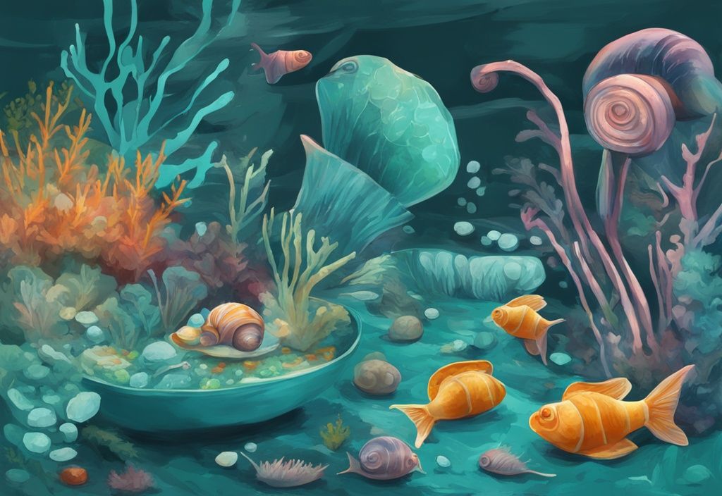 Vibrant aquarium scene with snails eating algae, blanched vegetables, and fish food, digital painting in teal theme.