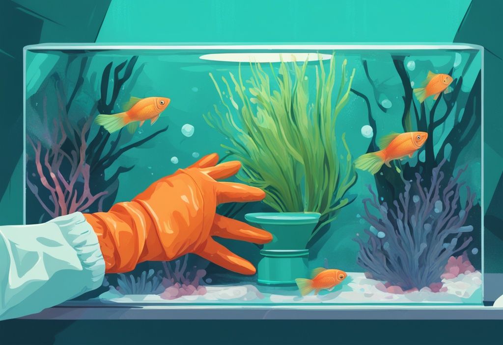 Digital painting of a gloved hand cleaning fish tank glass with algae scraper, teal color theme.