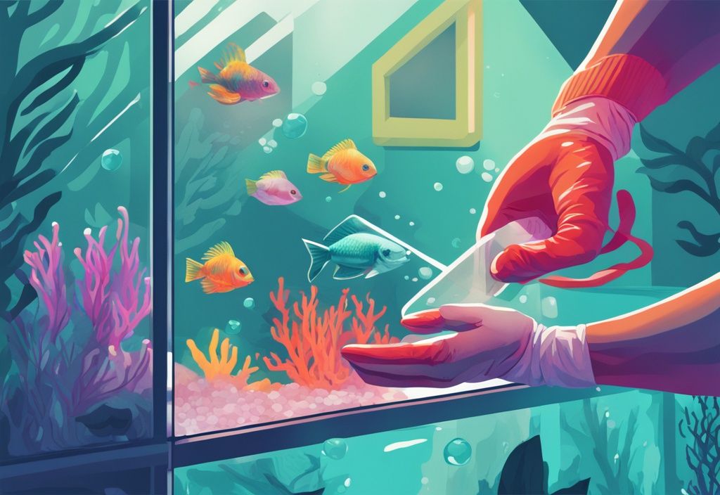 Teal-themed digital painting of gloved hands demonstrating how to clean aquarium glass in a colorful, lively home aquarium.