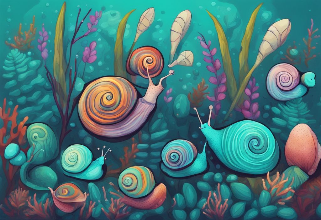 Modern digital painting of colorful aquarium snails with distinct markings amidst vibrant aquatic plants, teal theme.