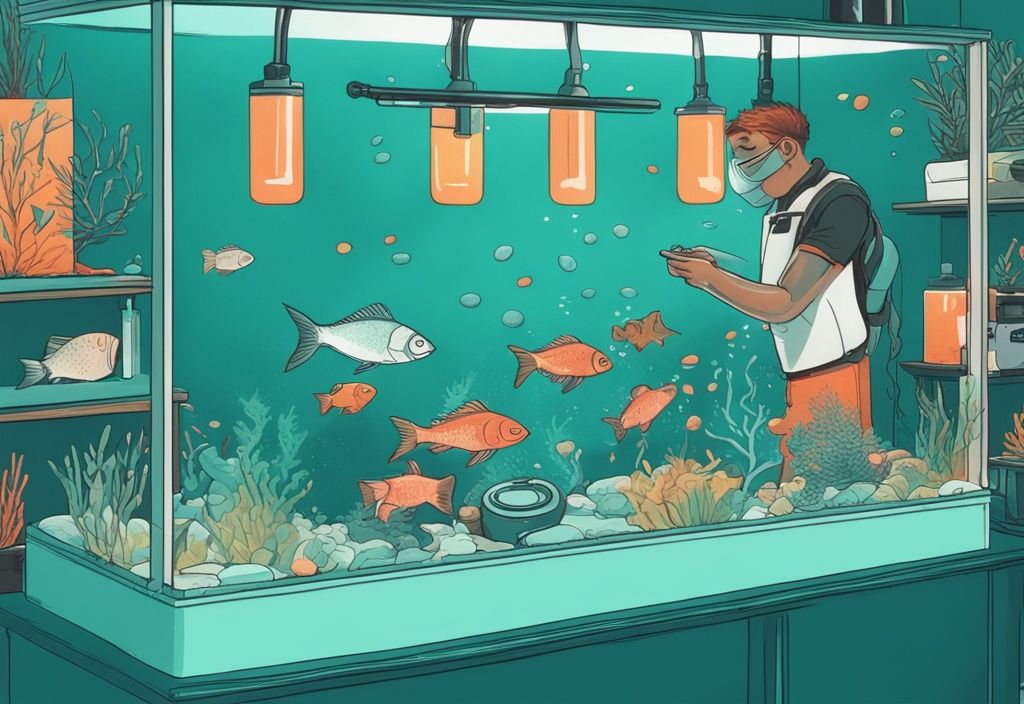 Digital painting of a person adjusting fish tank alkalinity with teal theme, surrounded by fish care products.