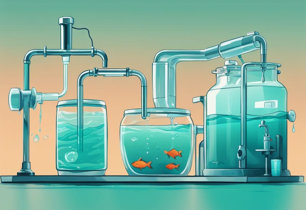 Digital painting of containers with tap, distilled, reverse osmosis water and a clean fish tank, in a teal color theme.