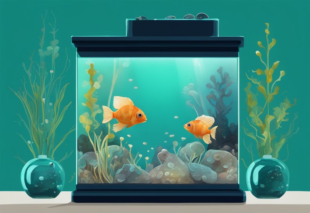 Modern digital painting of a fish tank with teal theme, featuring aquatic life and baby snails on glass and ornaments.