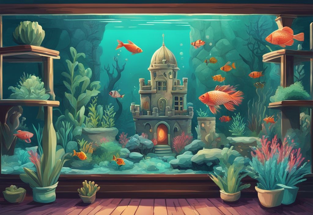 Digital painting of 25 unique fish tank decorations in teal theme, featuring castles, diver figurines, exotic plants, and multi-level caves.