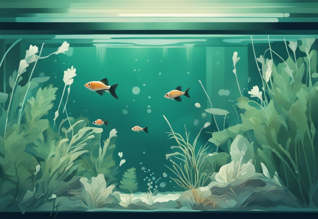 Modern digital painting of a small aquarium with tiny white worms in aquarium, featuring teal hues, aquatic plants, and small fish.