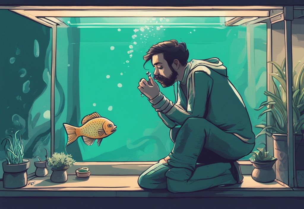 Modern digital painting of a perplexed fish owner sniffing the air around a murky, foul-smelling fish tank, illustrating the question: why does my fish tank smell, with a teal color theme.