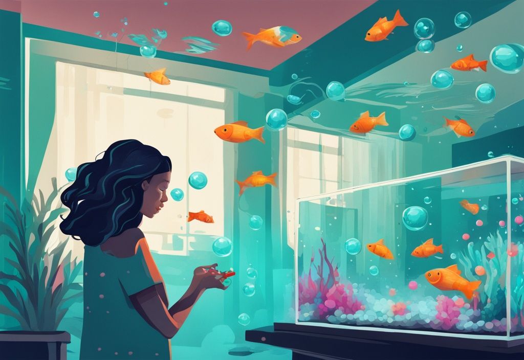 Modern digital painting of a person adding oxygen tablets to a vibrant teal fish tank with bubbles and swimming fish.