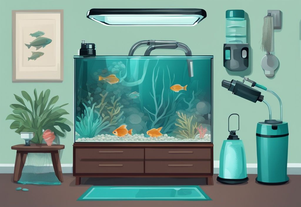 Modern digital painting illustration of fish tank accessories in teal theme, featuring a tank, water filter, heater, gravel, decorative elements, and a small net, perfect for learning how to set up a fish tank.