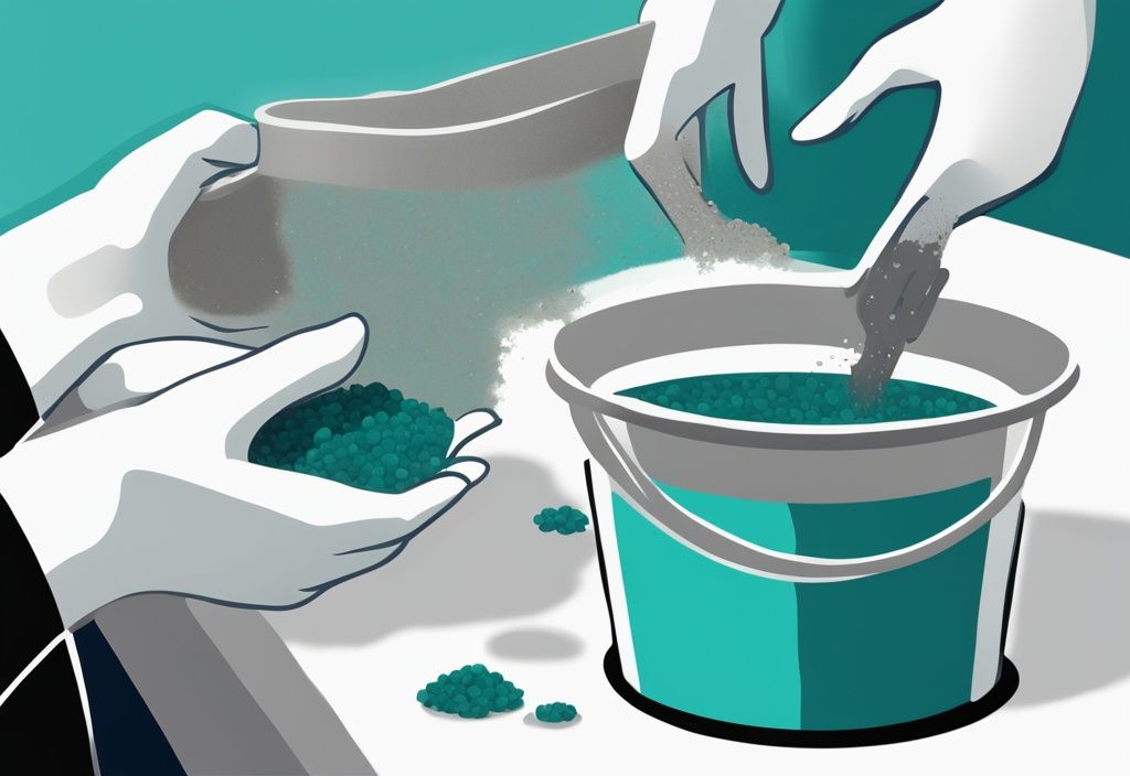 Modern digital painting of hands in cleaning gloves submerging aquarium gravel in water, teal color theme.