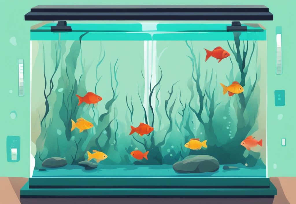 Modern digital painting of a fish tank with diverse fish species and a visible thermometer, featuring a teal color theme.