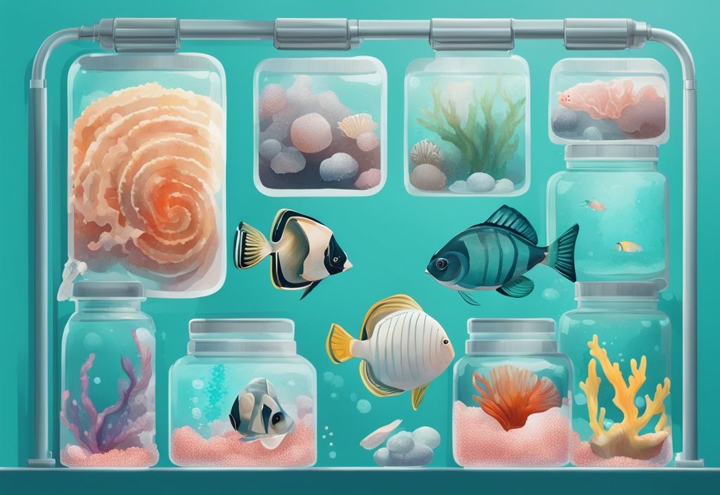 Modern digital painting of aquarium additives like sea shells, baking soda, and crushed coral next to an aquarium with colorful fishes, illustrating how to raise KH in aquarium.