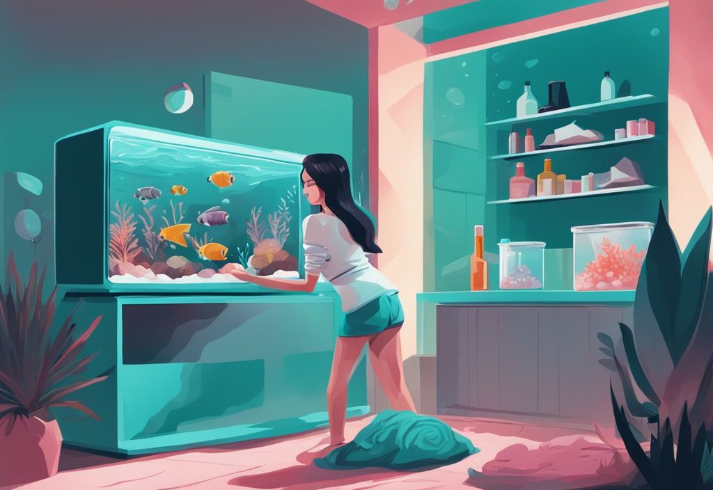 Modern digital painting of a fish tank with teal theme, showcasing ammonia testing and products to lower ammonia levels.