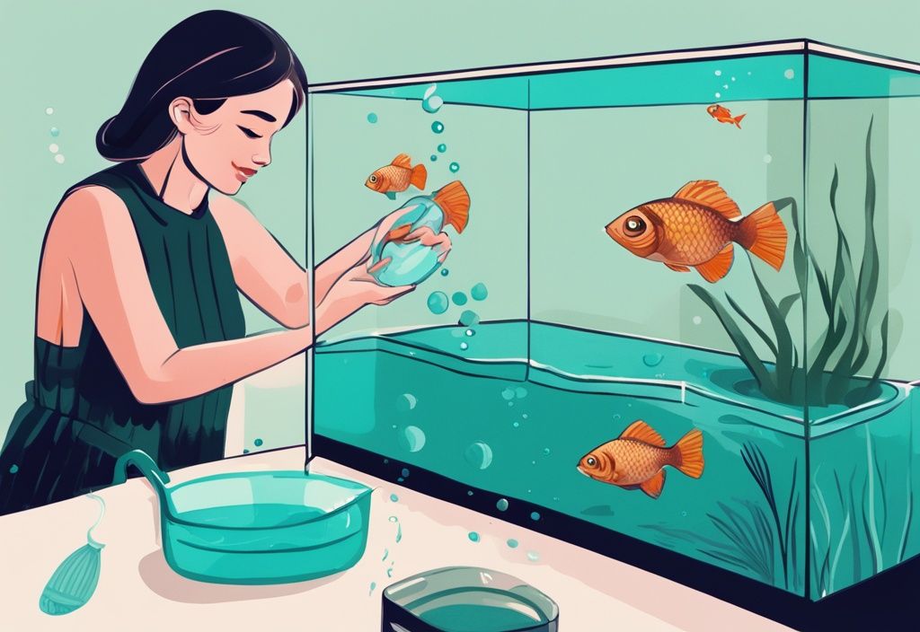 Modern digital painting of a hand pouring water into a fish tank with a netted scoop, featuring vibrant fish and a teal color theme.